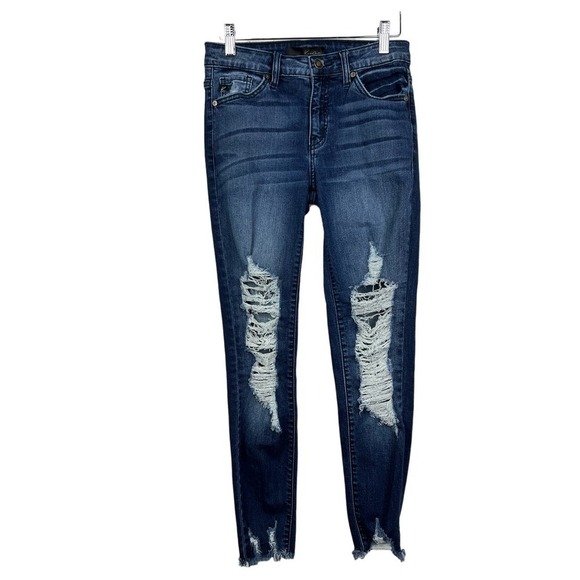 Kancan Estilo Skinny Distressed Dark Wash Denim Blue Jeans Size 26 DESTROYED HEM - Picture 1 of 8